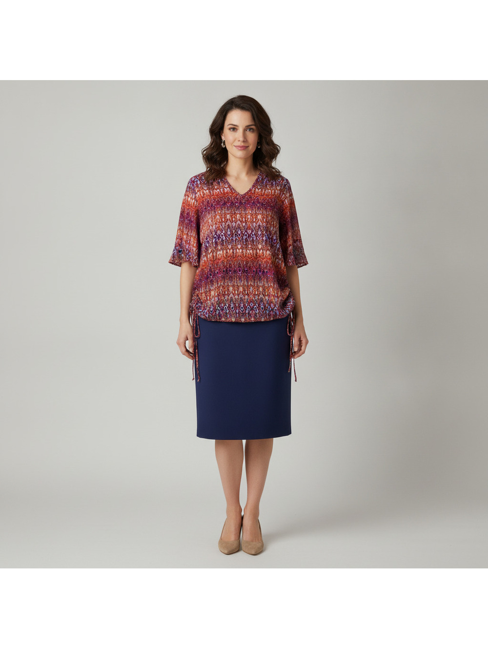Portocruz Vibrant Patterned V-Neck Blouse with Side Drawstrings